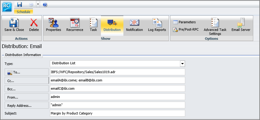 The Distribution: Email tab with CC and BCC information boxes added to the Distribution Information section.