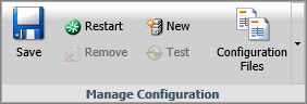 The Manage Configuration group on the Configuration Tab ribbon with the New, Save, and Restart commands.