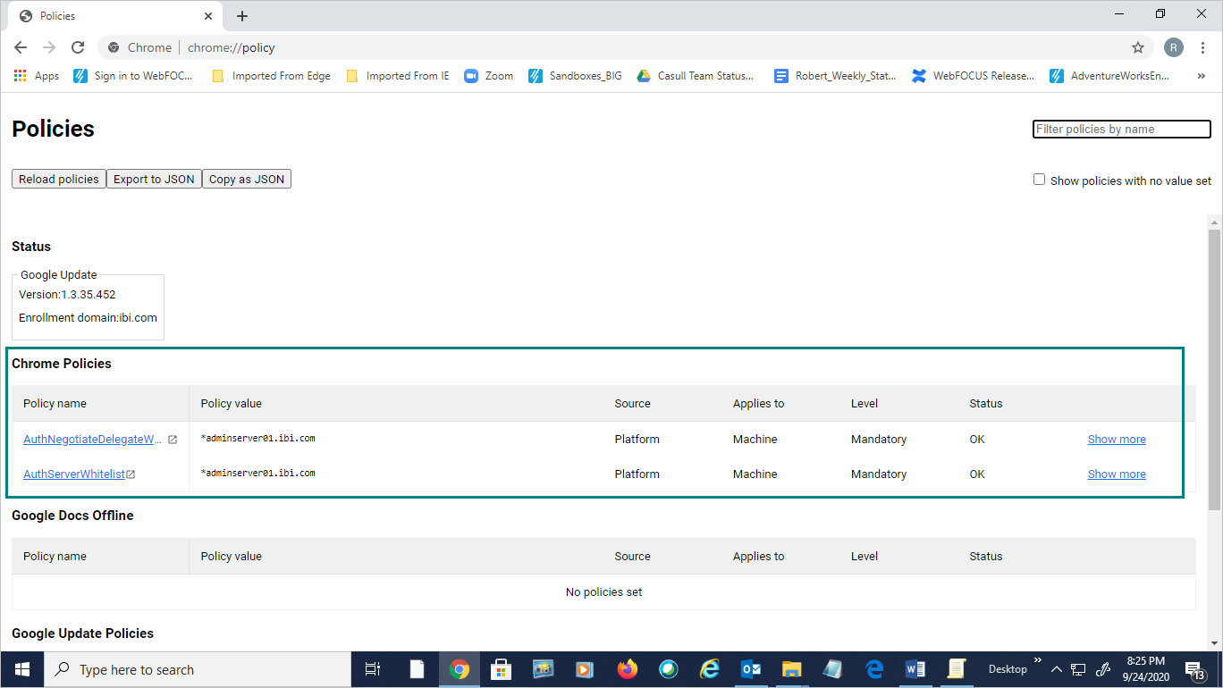The Google Chrome Browser policies page showing entries for the Authentication Server Whitelist policy and the Kerberos Delegation Server Whitelist policy.