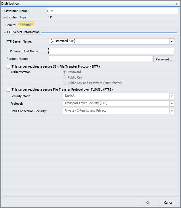 The Options tab of the Distribution dialog box that opens from an Advanced Report Distribution Schedule, with the default configuration of (Customized FTP) and blank fields.