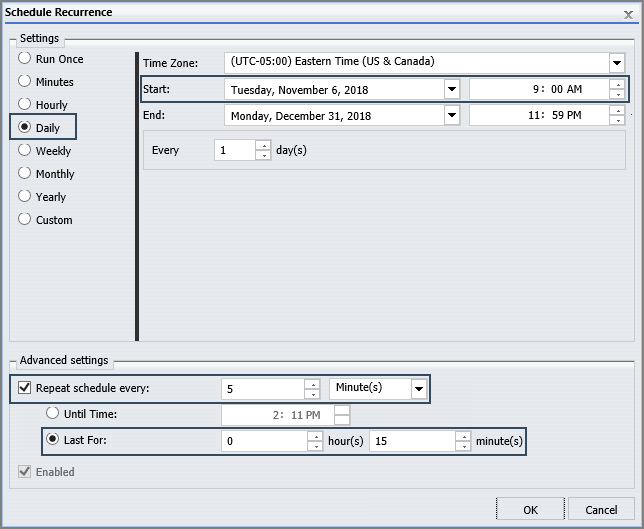 Recurrence settings for an alert schedule.
