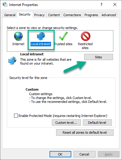 The Security tab of the Internet Properties dialog box, showing the Local intranet option selected and the Sites button.