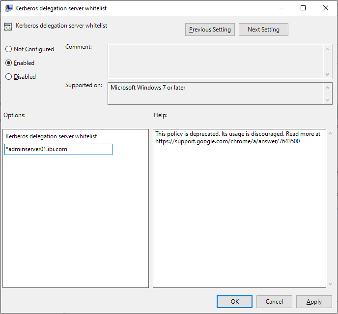 The Kerberos Delegation Server Whitelist Setting dialog box with Enabled selected, and the names of all servers on the white list added.
