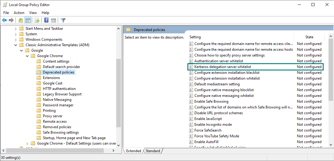 The Local Group Policy Editor list of deprecated privileges with the Kerberos delegation server whitelist setting.