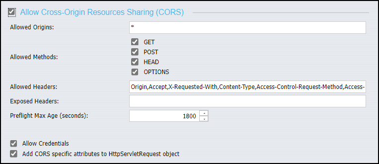 The Allow Cross-Origin Resource Sharing (CORS) section of the Cross-Origin Settings dialog box with CORS settings activated and no URLS assigned..