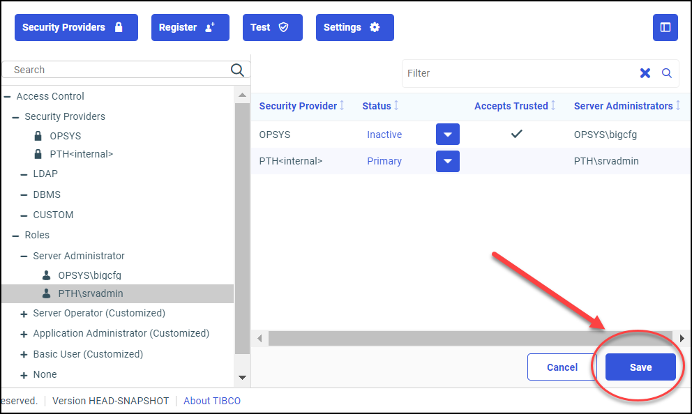 The Security Providers tab displaying the Save button and Cancel button.