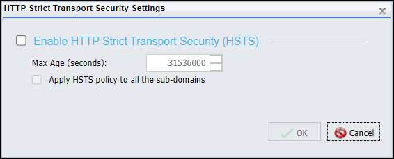 The HTTP Strict Transport Security Settings dialog box, with the Enable HTTP Strict Transport Security (HSTS) check box cleared and unenabled.