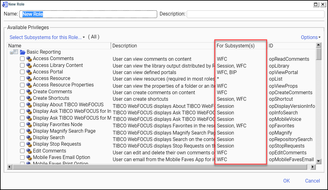 New Role dialog box highlighting the For Subsystems column.