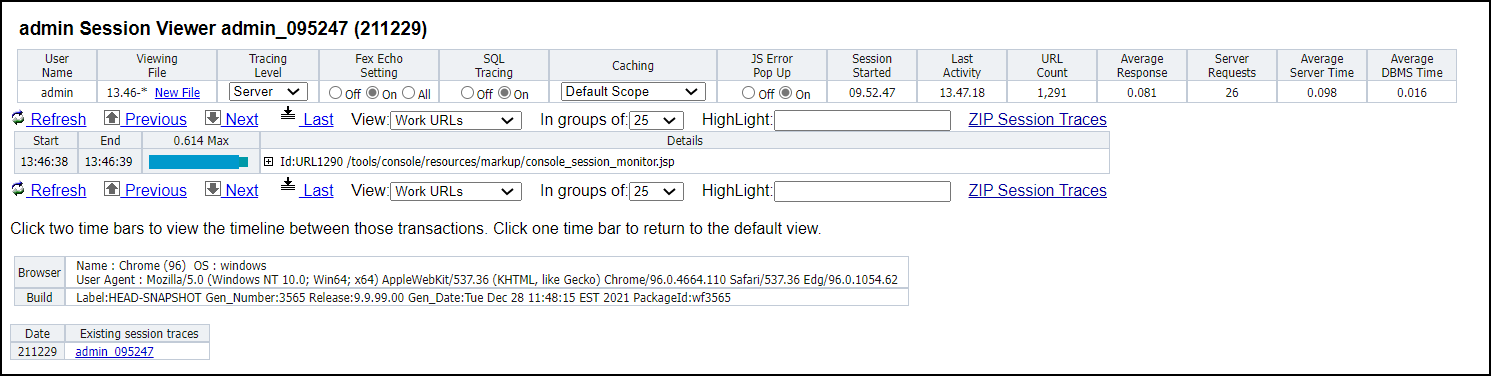 The Session Viewer page opened from the Session Monitor page View Trace icon link.