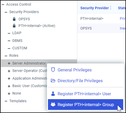 The Server Administrator role shortcut menu with the Register Group command highlighted.
