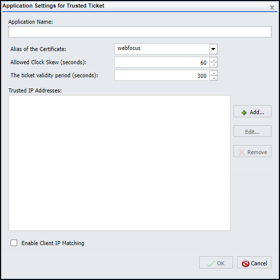 The Application Settings for Trusted Ticket dialog box, displaying a new application name.