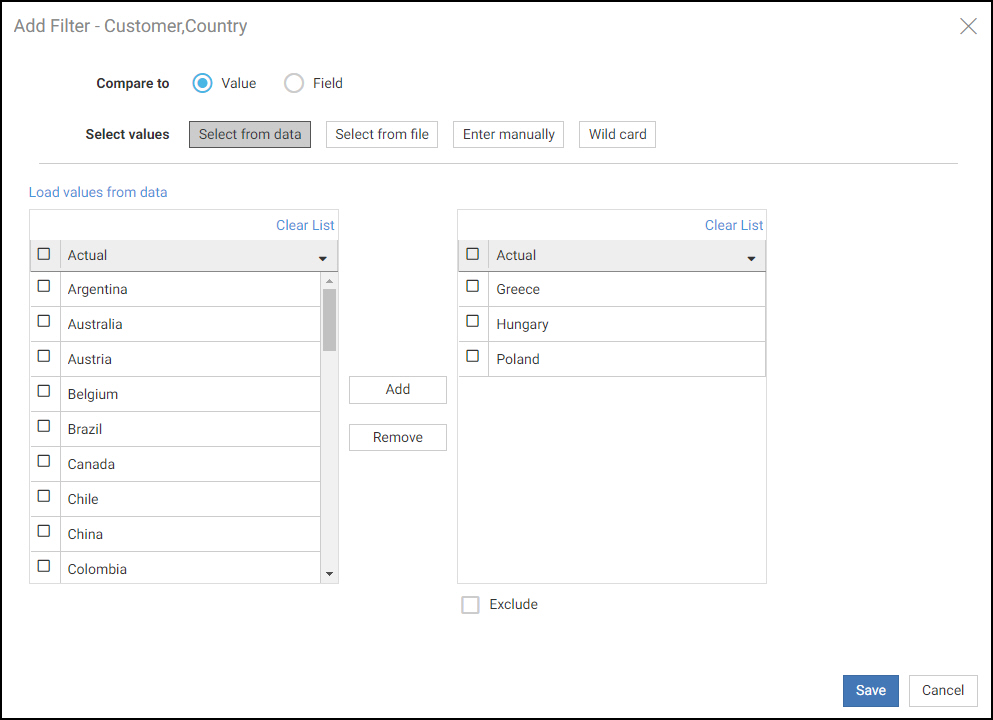 Add Filter dialog for an alphanumeric field
