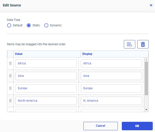 Static list filter options