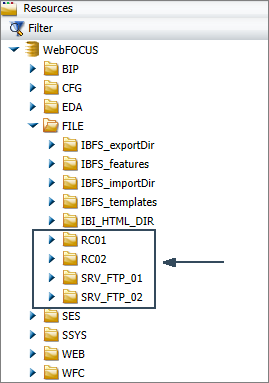 The Resources Tree in Full View mode showing a list of distribution directory folders under the File folder of the WebFOCUS node.