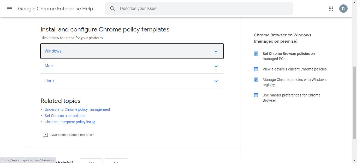 The Install and configure Chrome policy templates section heading, on the Set Chrome Browser policies on managed PCs Google Chrome Enterprise Help page.