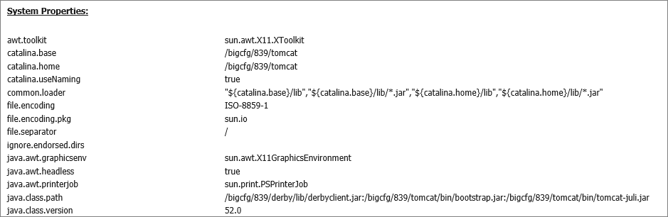 The System Properties list on the JVM Property Info page, listing values assigned to JVM parameters on the local installation of the Application Server and Client.