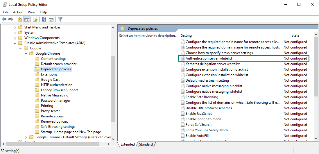 The Local Group Policy Editor list of deprecated privileges showing the authentication server whitelist setting.
