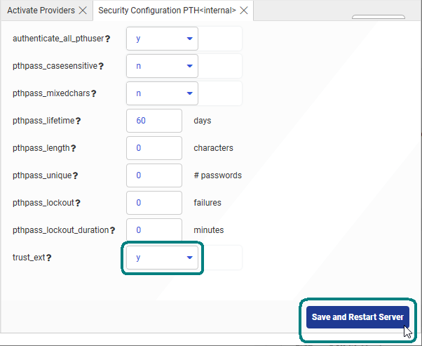 The Security Configuration page on the WebFOCUS Reporting Server browser interface Access Control tab with the trust_ext field set to y.