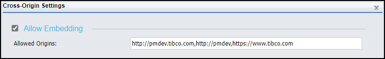 The Allow Embedding check-box in the Cross-Origin Settings dialog box. with a whitelist of URLs in the Allowed Origins field.