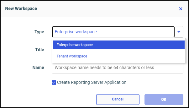 The Type list in the New Workspace dialog box.