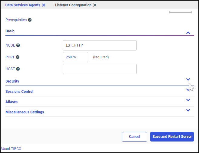 The Listener Configuration page with the Security tab expanded and the Restrict to IP field visible.