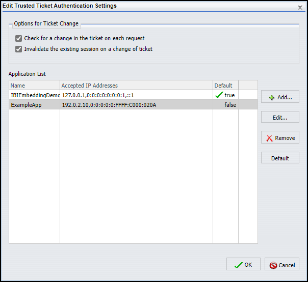 The Edit Trusted Ticket Authentication Settings dialog box with the new application in the Application List.