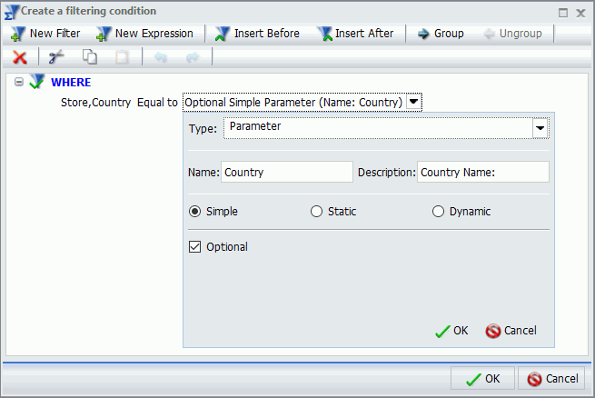 Filtering condition example for Country