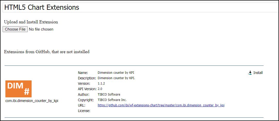 The Upload and Install Extension page with an entry for an extension that is not installed.