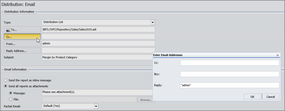 The Enter Email Addresses dialog box as it appears over the Distribution: Email tab.